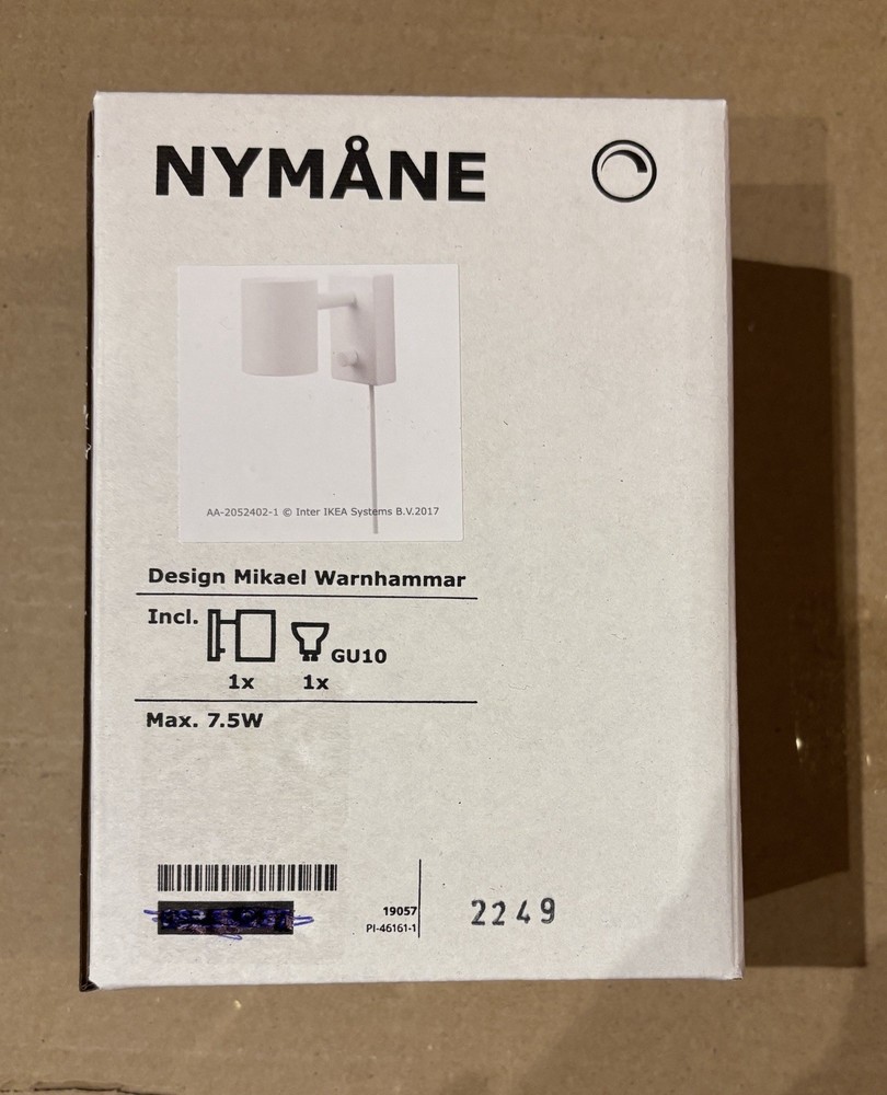 IKEA Nymane NYMÅNE Wall/Reading Lamp + Dimmable LED Bulb, White, Brand New