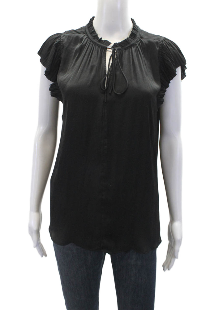 Current Air Womens Ruffled Short Sleeve Keyhole Satin Top Black Size MediumFree Shipping in US $100+ Orders | $6.95 Orders Below