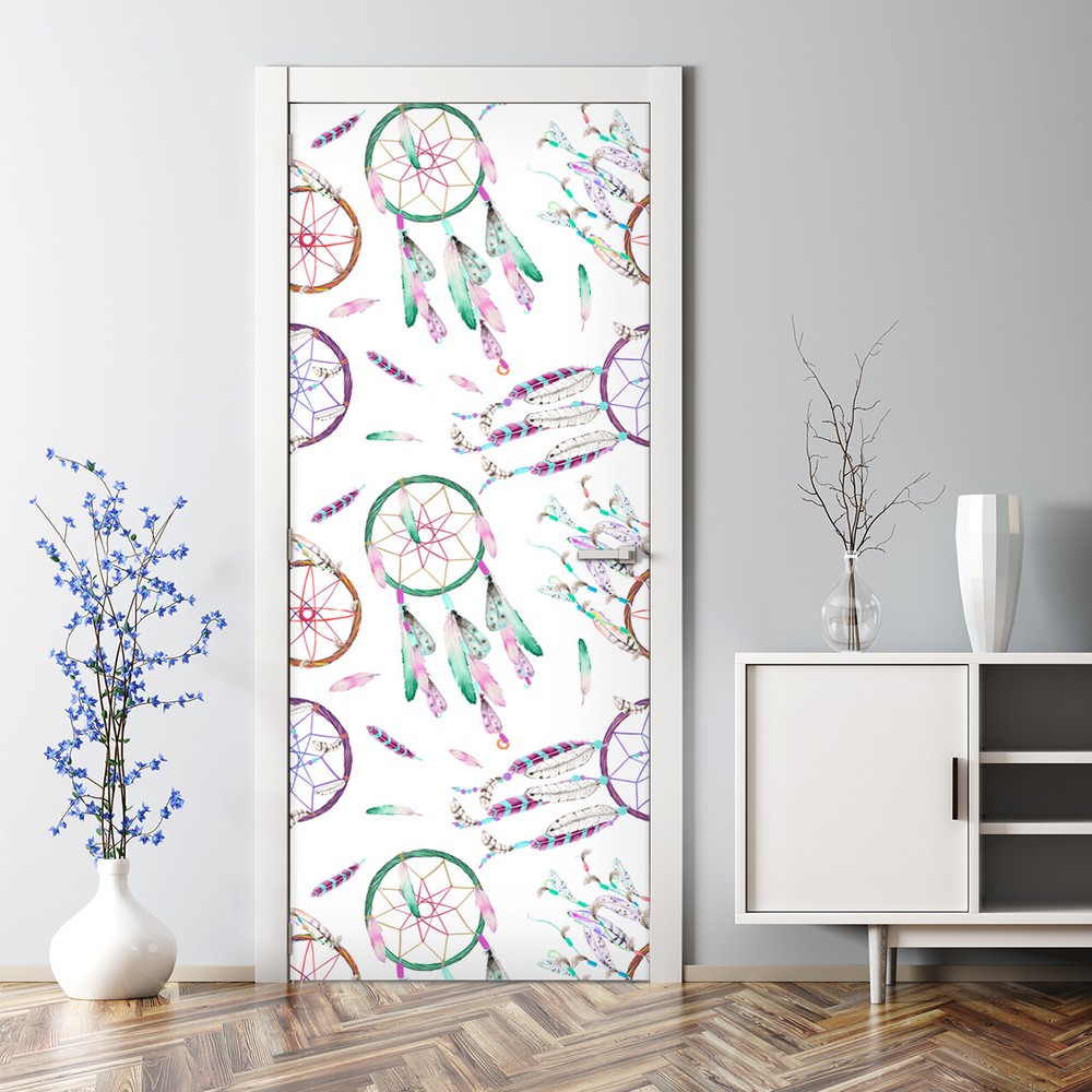 Bubble Free Door sticker Watercolour Dream catcher for Nursery Bright Kids White