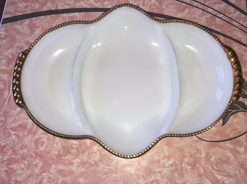 Vintage FIRE KING ANCHOR HOCKING Milk Glass Gold Trim Divided Dish Plate White