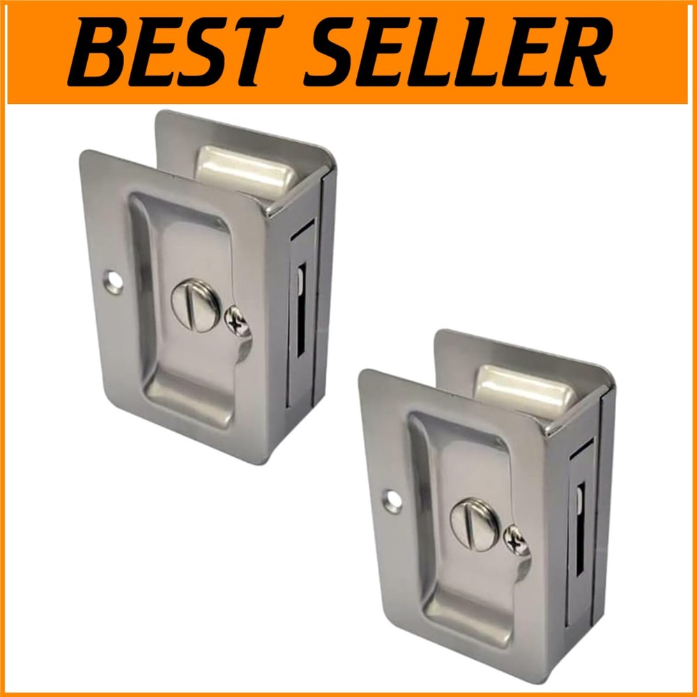 Premium Solid Brass Pocket Sliding Door Pulls with Privacy Lock, Satin Nickel...