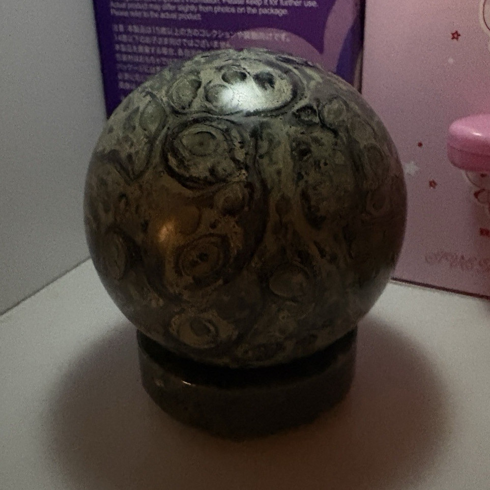 Polished Green Fossil Stone Crystal Mineral Sphere Display Specimen w/ Stand