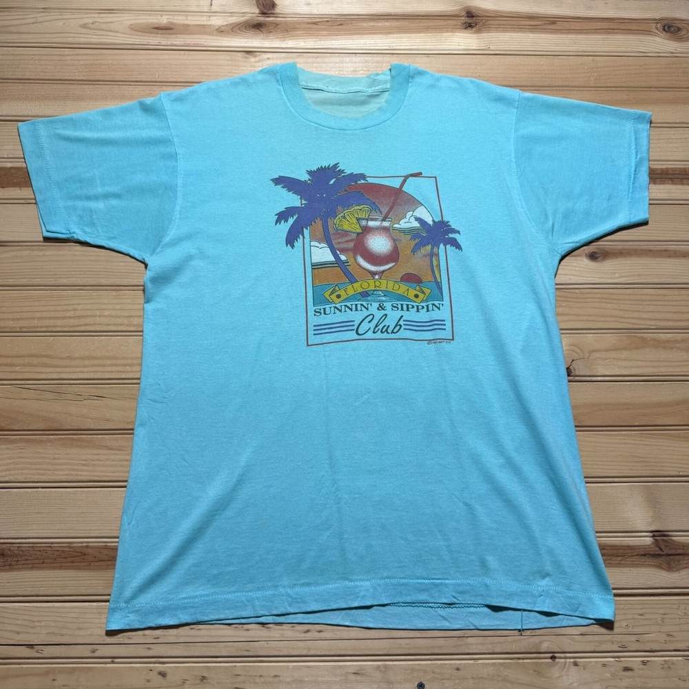 Vintage 80s Florida Sunnin’ & Sippin’ Beach Club Drink Mc Art Co Shirt - Large