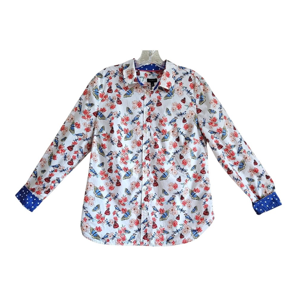TALBOTS Women 10 Blouse Button Up Butterflies Birds Contrast Polka Dot Cuffs 38
