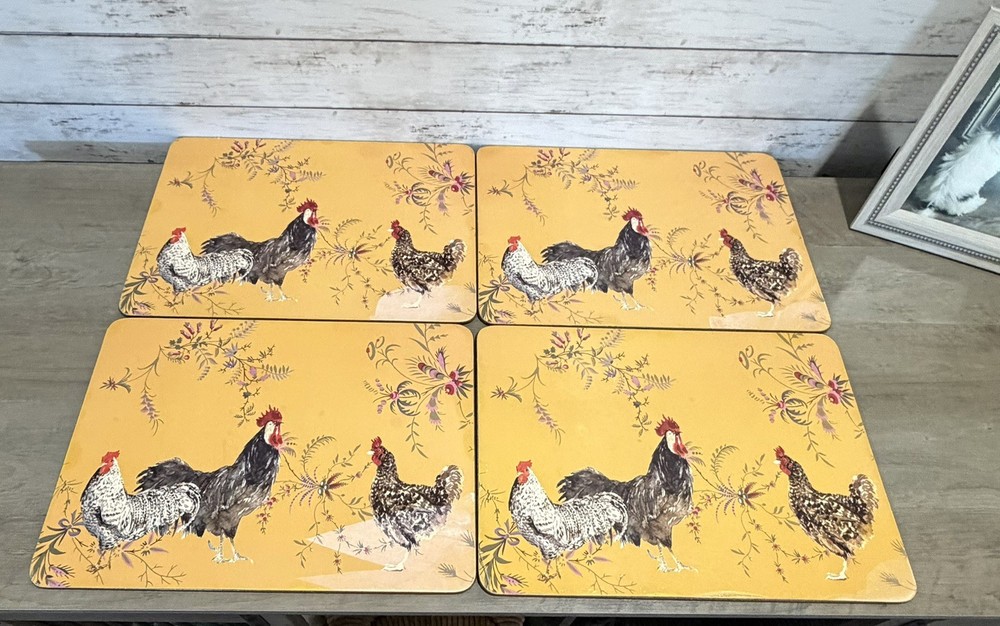 Set of 4 Hard Placemats Williams Sonoma Rooster Francais Cork Backed 16