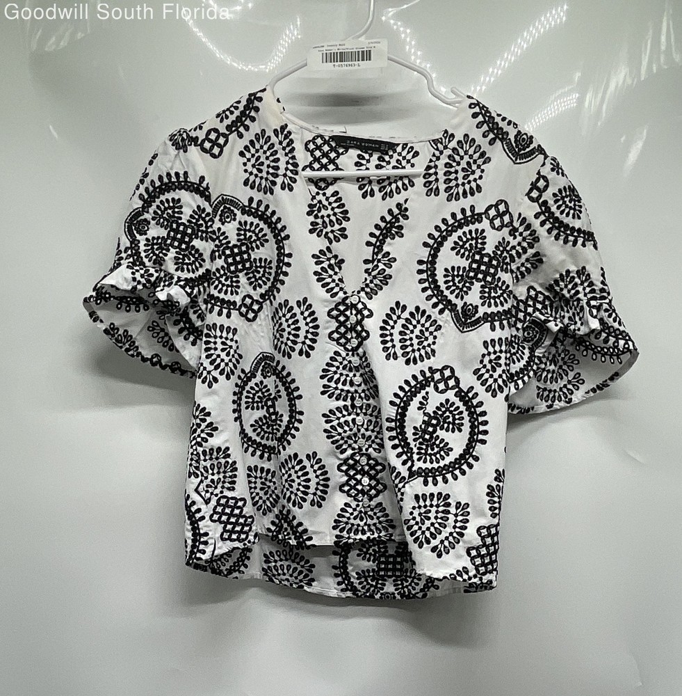 Zara Womens White Black Printed Short Sleeve V-Neck Cropped Blouse Top Size M