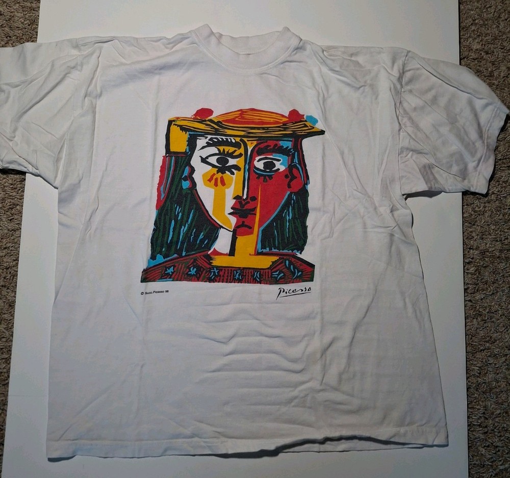 Vintage 1998 Picasso Art T Shirt XL White Abstract Face Painting Graphic Tee 90s-image