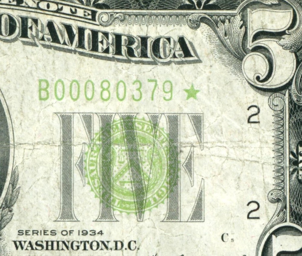 **STAR - 5 DIGIT** $5 1934 LGS LIME ((LIGHT GREEN SEAL)) Federal Reserve Note