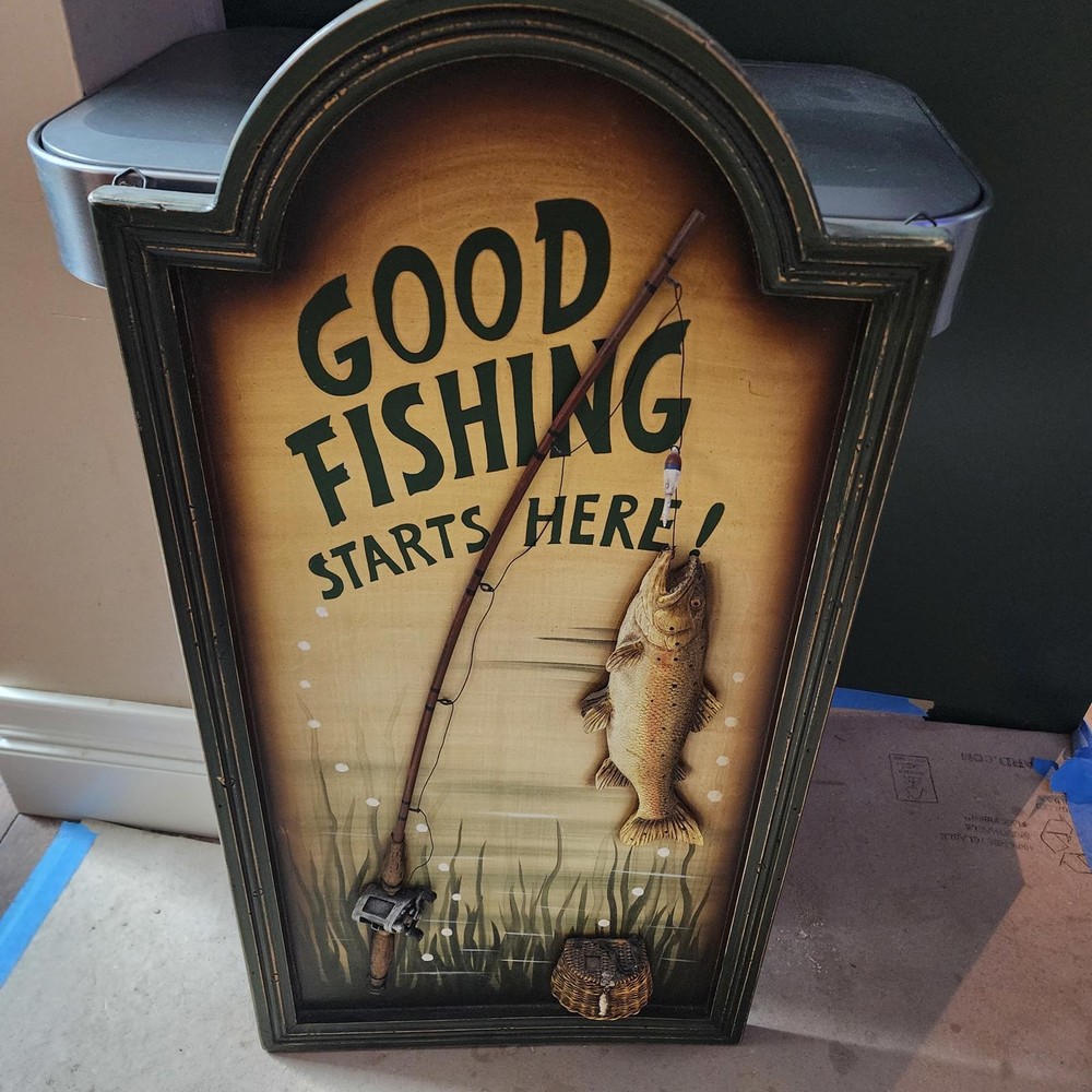 Vintage 3D “Good Fishing Starts Here” Wall Art Rustic Cabin Lodge Décor