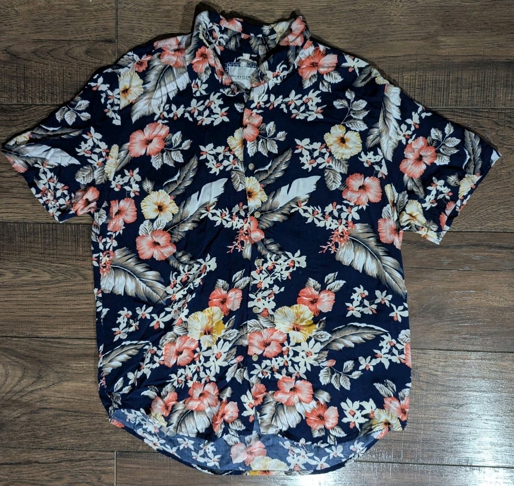 Denim & Flower Ricky Singh Slim Fit Short Sleeve Navy Floral Button Down Size L