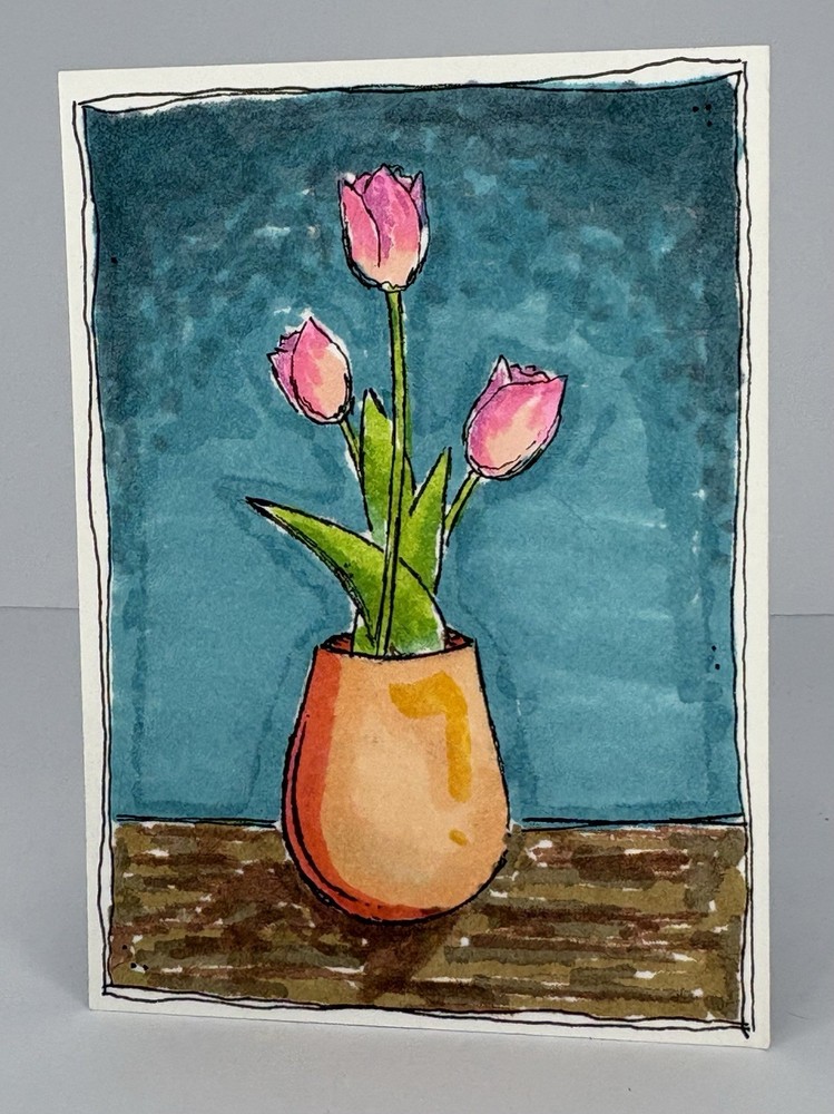 ACEO Original Tulips Alcohol Marker Drawing On Paper By Janie 2.5x3.5