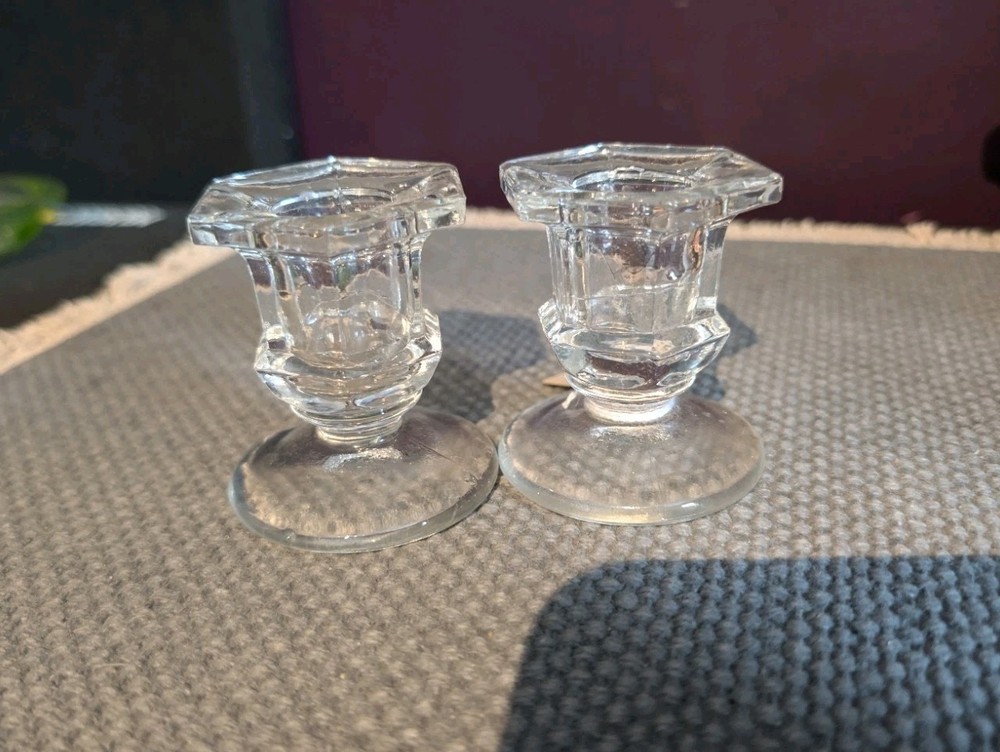Vintage Clear Glass Candlestick Holders, Set of 2 Taper Candle Holders