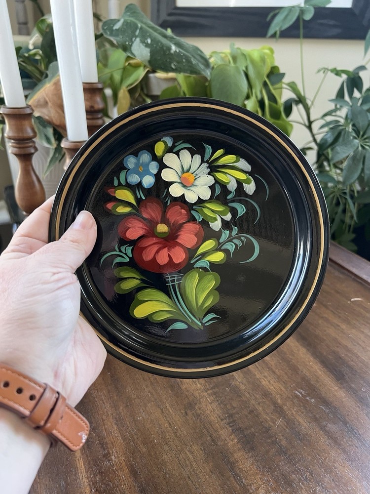 Vintage Hand-Painted Floral Black Plate
