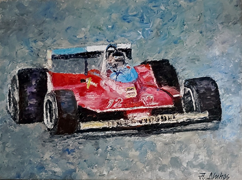 ANDRE DLUHOS Vintage Ferrari F1 Villeneuve Race Car Original Oil Painting
