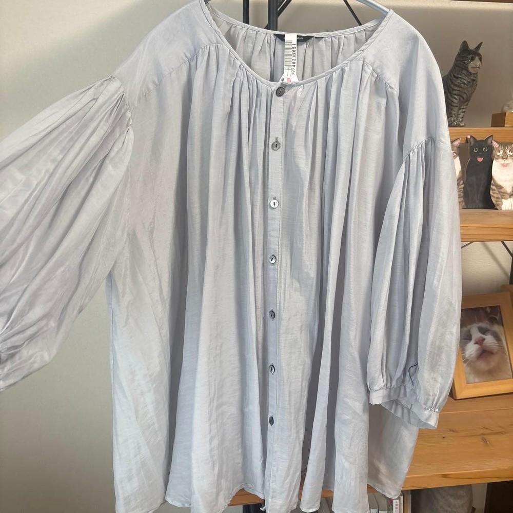 Pas de Calais Blouse M Blue Gray Cotton Silk Blend 3/4 Sleeve