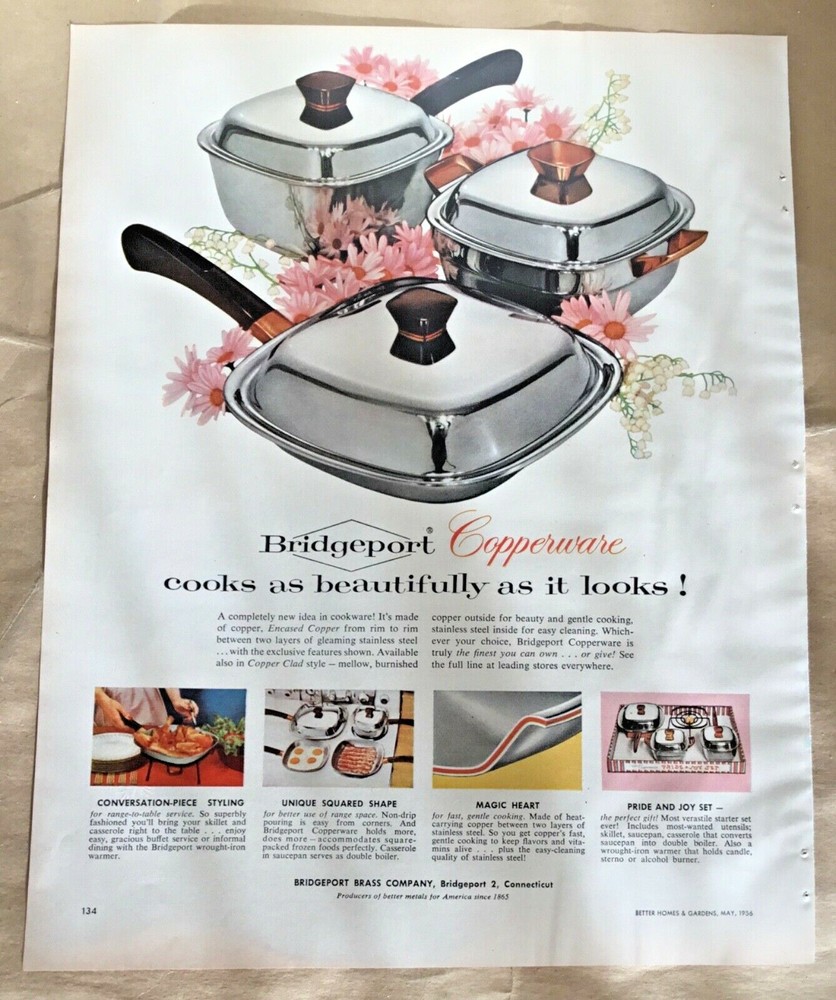 Bridgeport copperware print ad 1956 vintage 50s retro art home decor cookware