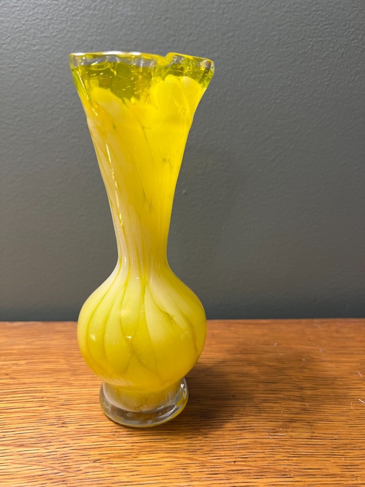 Hand blown art glass vase with yellow and white swirl pattern