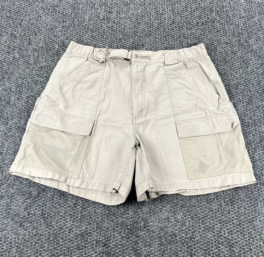 Vintage Columbia PFG Cargo Shorts Mens Medium Khaki Beige Cotton Fishing Elastic