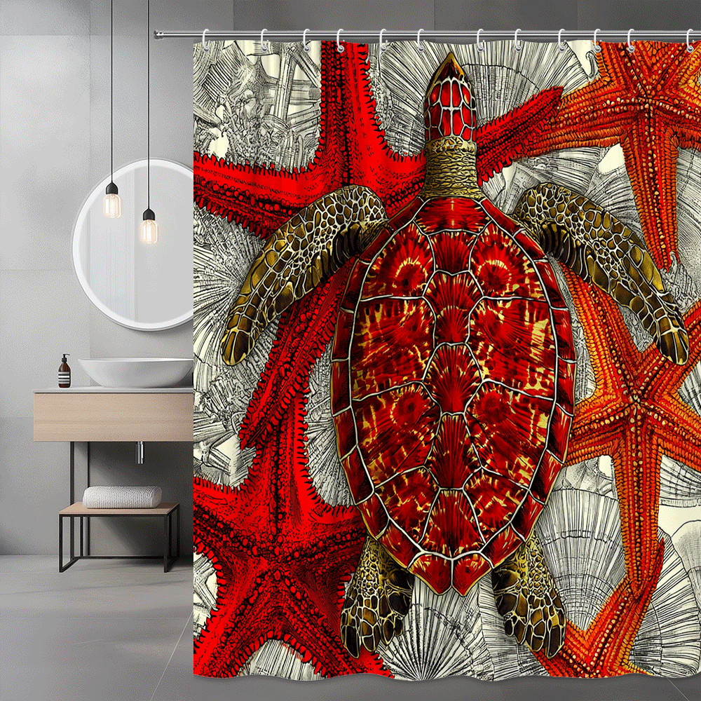 Sea Turtle Starfish Shower Curtain Red Orange Coastal Decor