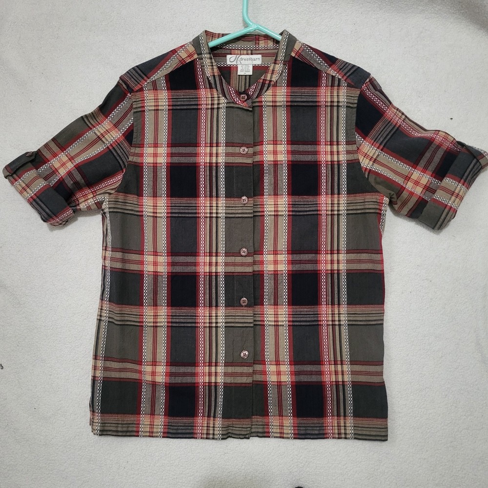 Dressbarn Blouse Women's M Button Down Plaid Roll Tab Sleeve Blue Green Tan Red