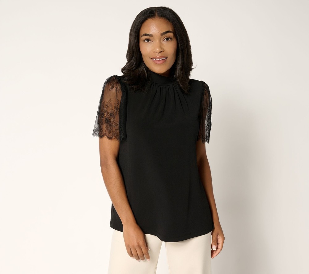 Susan Graver Women's Top Sz L Occasions Liquid Knit Mock Neck w Black A703215