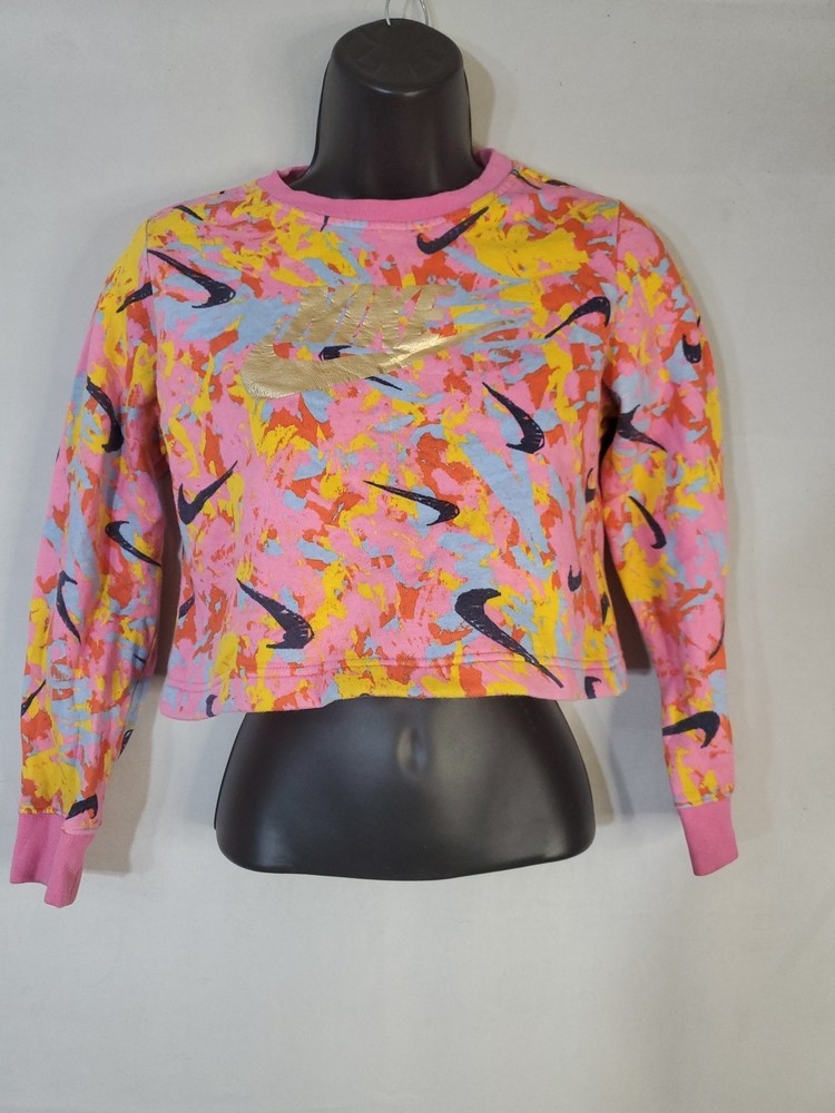 Nike Sweatshirt Juniors Size Medium Crop Splash All Over Logo Swoosh Girls Teen
