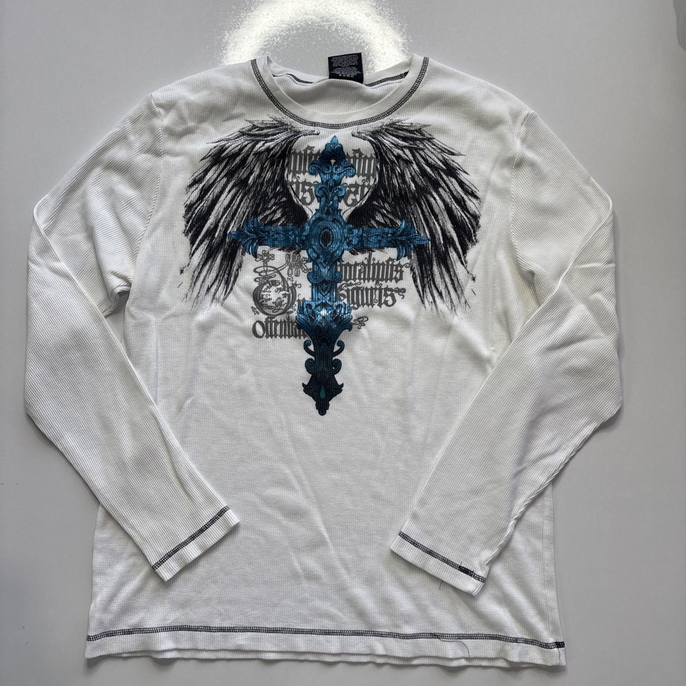 Vintage Y2K Affliction Style Gothic Emo Long Sleeve Thermal Size 2XL