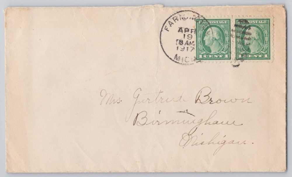Farmington, Mich., envelope to Pittsburgh, two 1c green Washington stamps 1917
