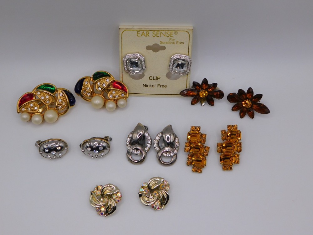 Vintage Clip-On Earring Lot 7 Pairs Rhinestone Chunky