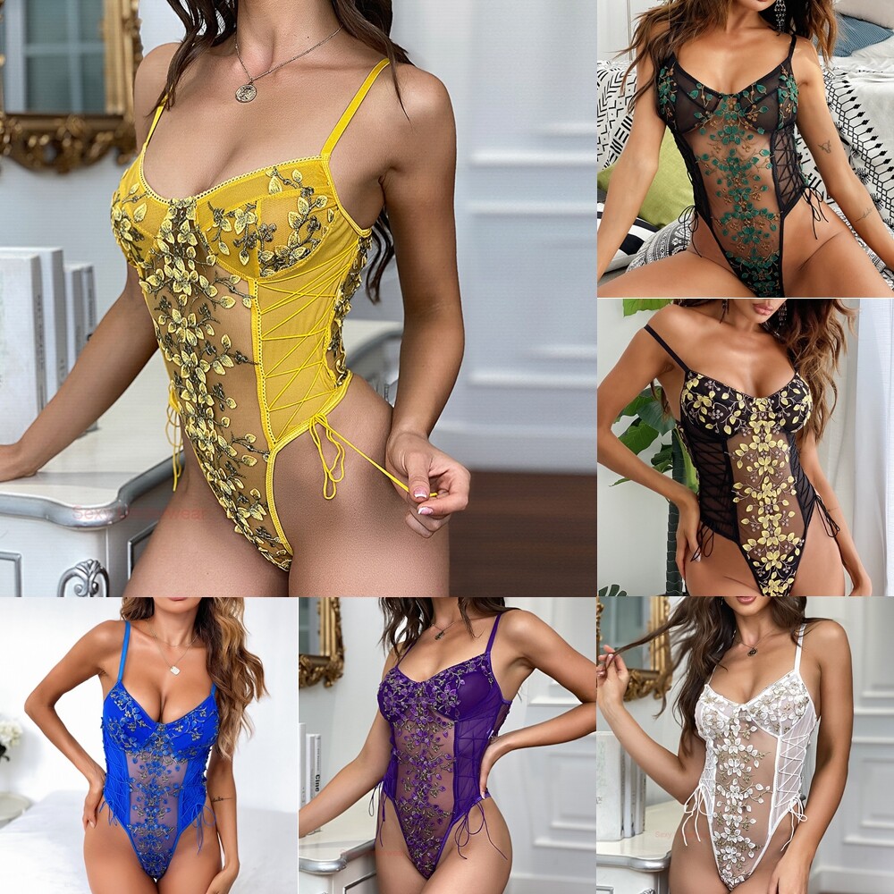 Women One Piece Lingerie Jumpsuits Babydoll Bodysuit Deep V Mesh Teddy Top