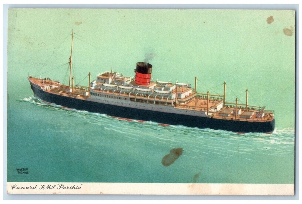 1954 Birds Eye View Cunard RMS Parthia Steamer Ship Cruise Liverpool Postcard