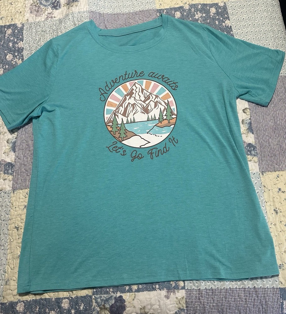 Women’s T-Shirt Adventure Awaits Let’s Go Find It NWOT Size XL