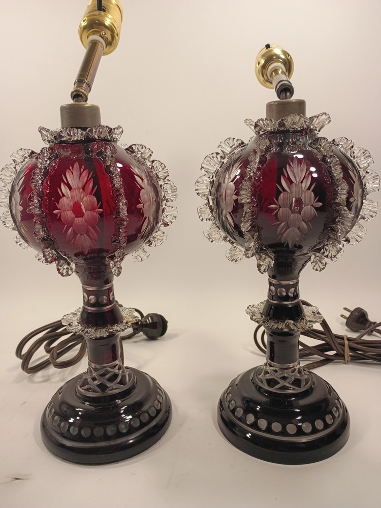 Pair Ruby Cut To Clear Crystal Table Lamps Bohemian Cranberry Ruffles READ