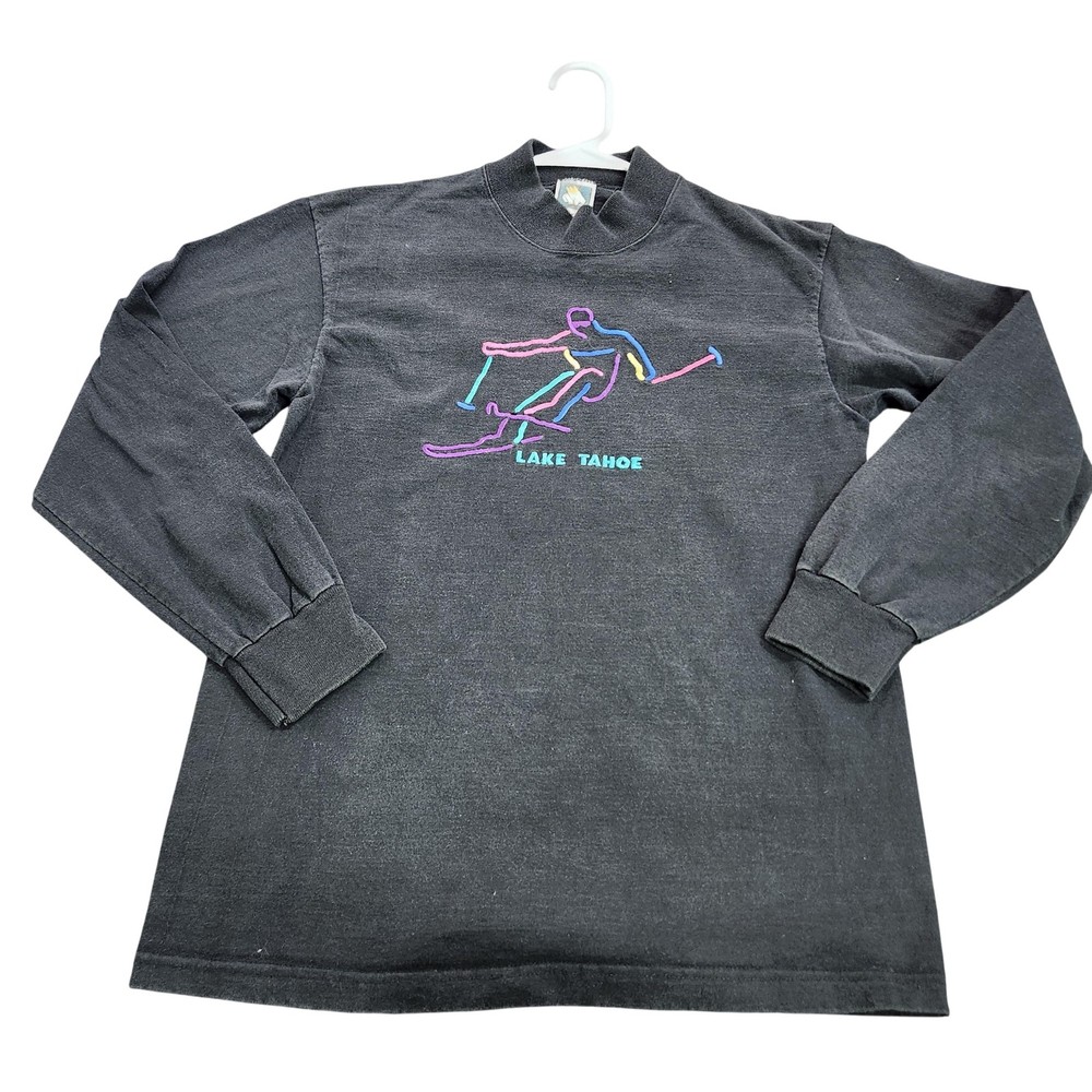 Vintage Anvil Shirt Mens Medium Black Lake Tahoe Ski Long Sleeve Graphic Tee USA
