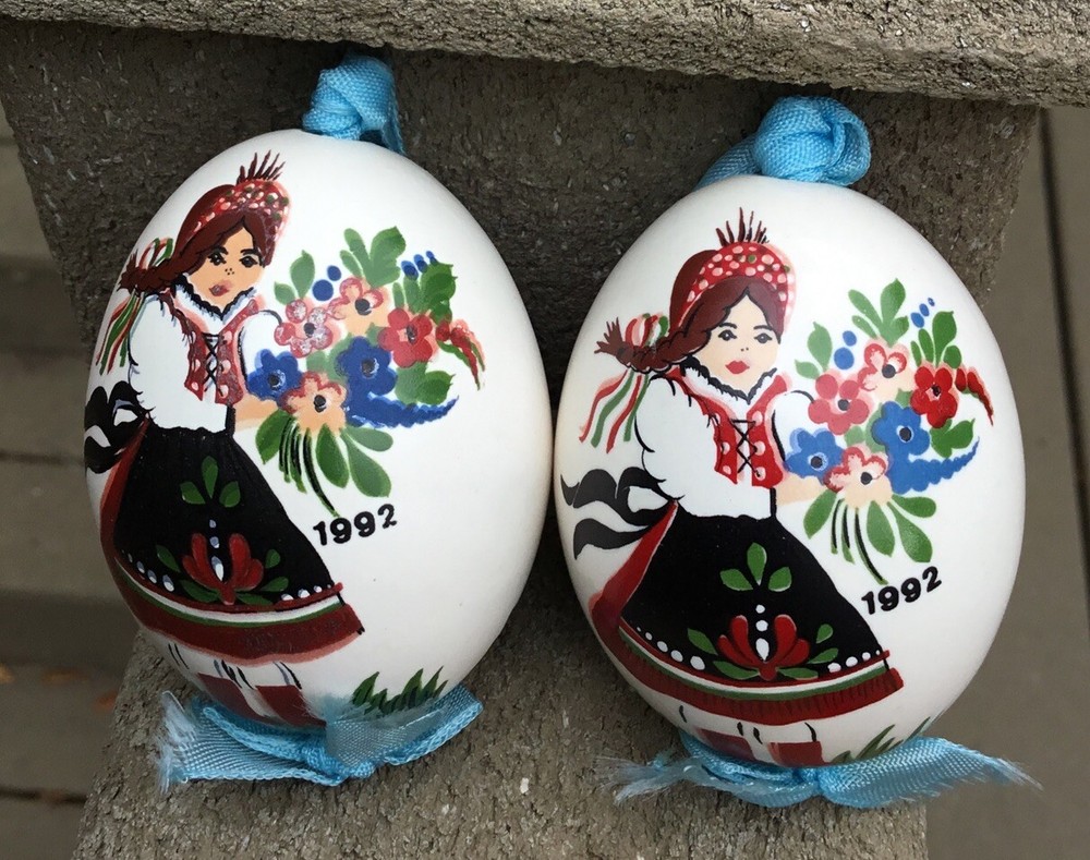 Hand-Painted Hungarian Ceramic Eggs Set of 2 Front & Back Designs