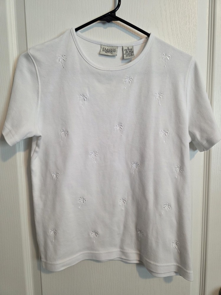 Classic Elements White Embroidered Palm Tree Knit Short Sleeve Top Size S  099