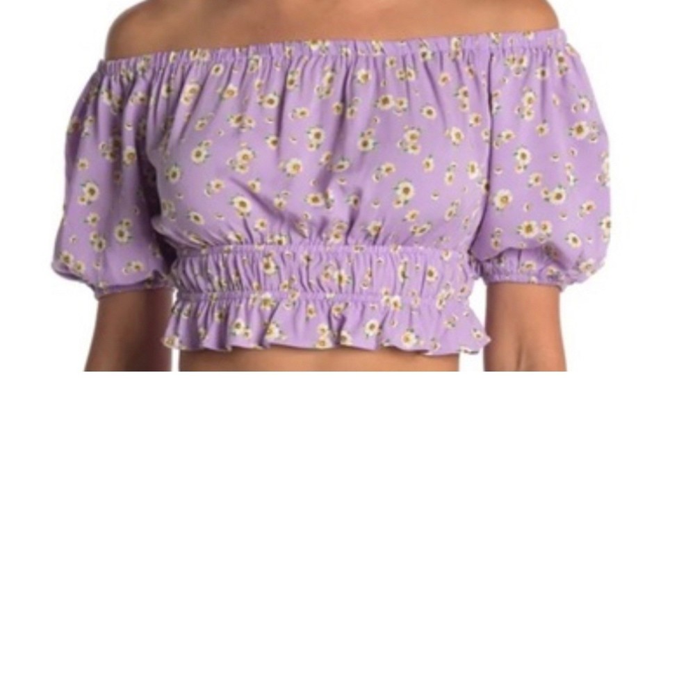 ABOUND Womens Off Shoulder Floral Puff Sleeve Smocked Crop Top Lavender Size S