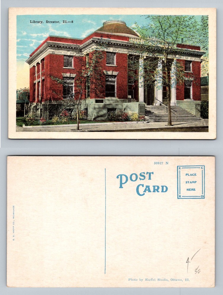 Streator, IL-Illinois, Library Building Domed Red Brick Columns Vintage Postcard