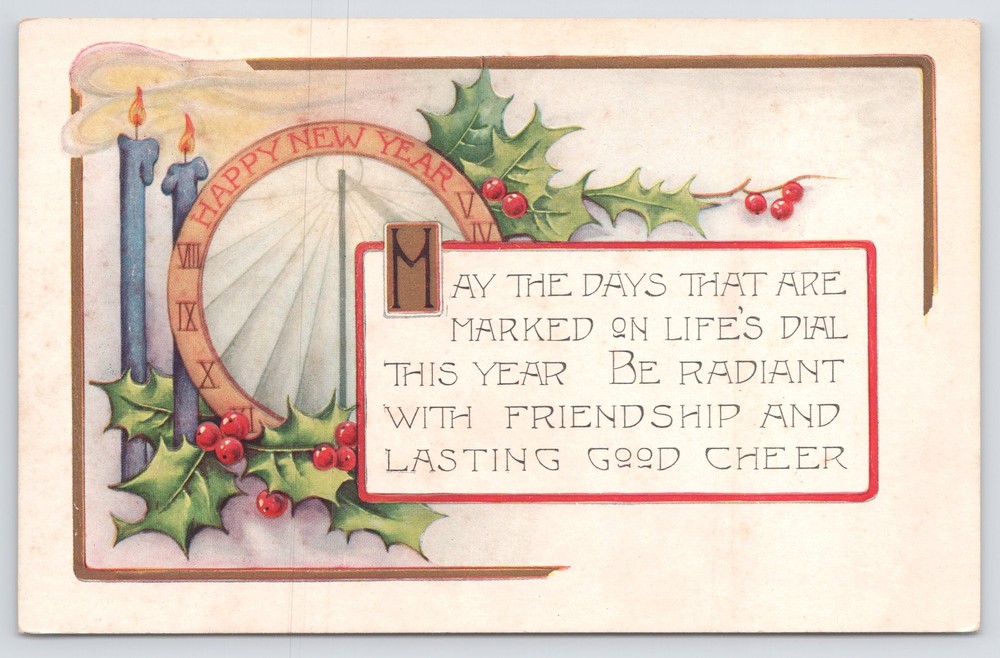 Holiday~Ring Candles & Holly New Year Greeting~Whitney Made~Vintage Postcard