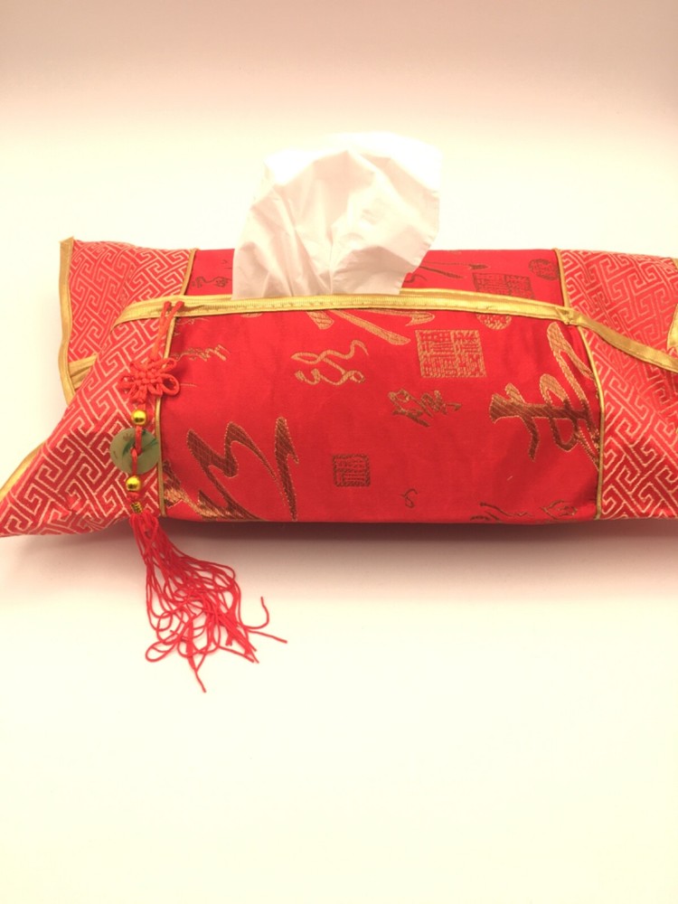 Red Silk Brocade Embroidery Chinese Characters Tassels  TISSUE BOX COVER