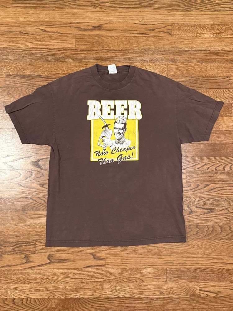 Vintage “Beer Now Cheaper Than Gas” Graphic T-Shirt Brown Humor Tee Y2K XL