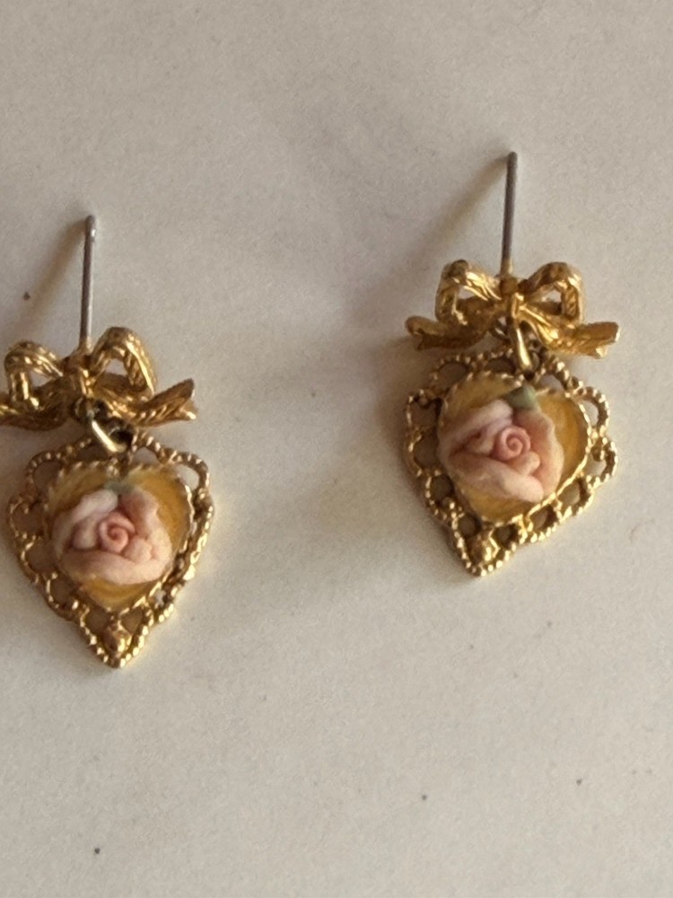 1928 Brand Set Pink Porcelain Rose Filigree Heart Earrings Dainty No Backs