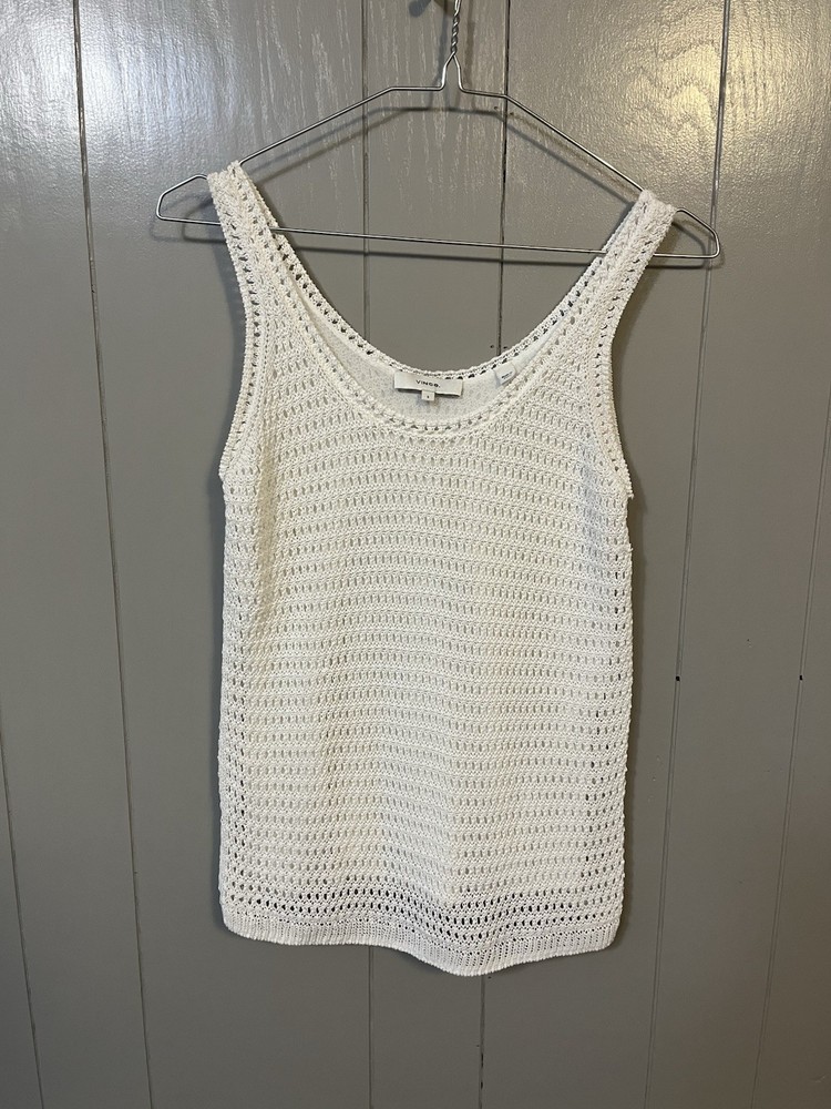 Vince White Open Knit Crochet Tank Top Sleeveless Sheer Cotton Blend Women S