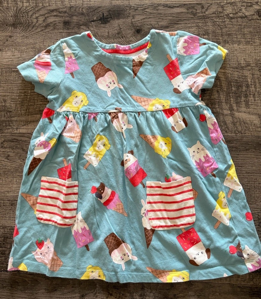 Girl's MINI BODEN Size 8-9Y Ice Cream Print Dress Animal Head Scoops Blue