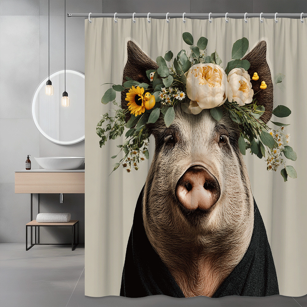 Boho Pig Floral Shower Curtain Farmhouse Animal Print
