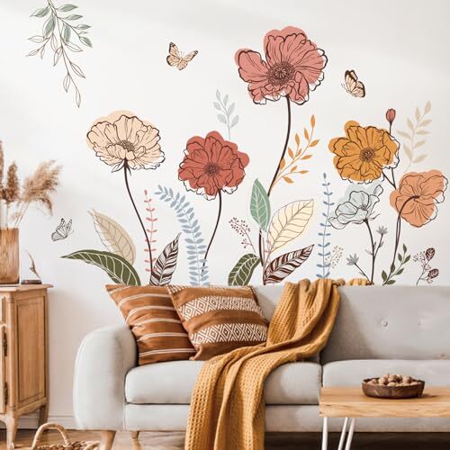 Boho Flower Wall Stickers Wildflower Floral Grass Peel and Stick Wall Art