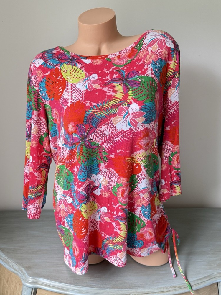 Palm Grove XL Womens Top Tropical Palm Coastal 3/4 Sleeve Stretch Beach Coconut