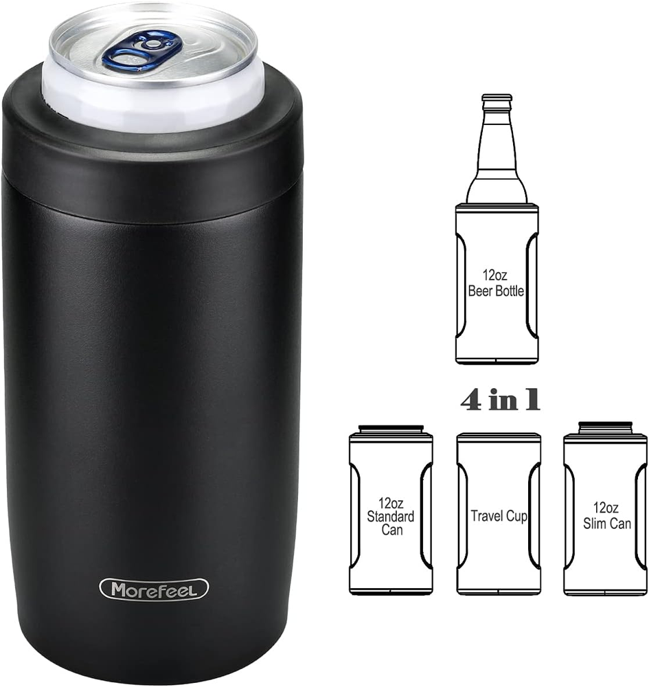 4-In-1 Skinny Can Cooler Double Wall Stainless Steel Insulated Can Holder, Works