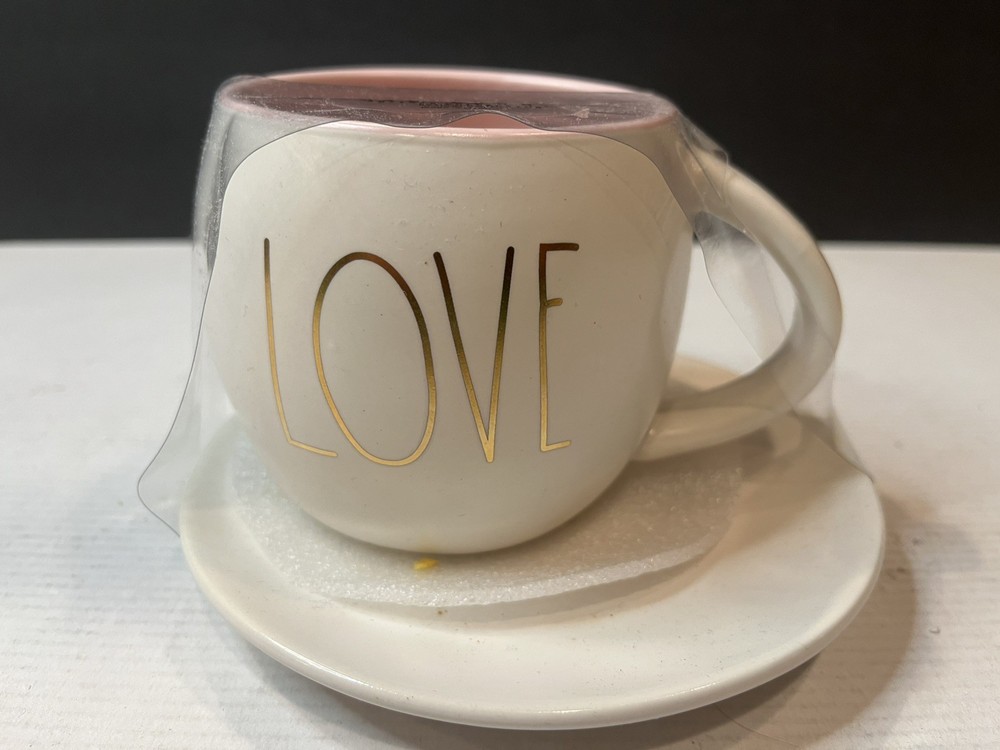 Rae Dunn Artisan Collection Magenta LOVE Cup and Saucer Set Coffee Tea Mug NEW