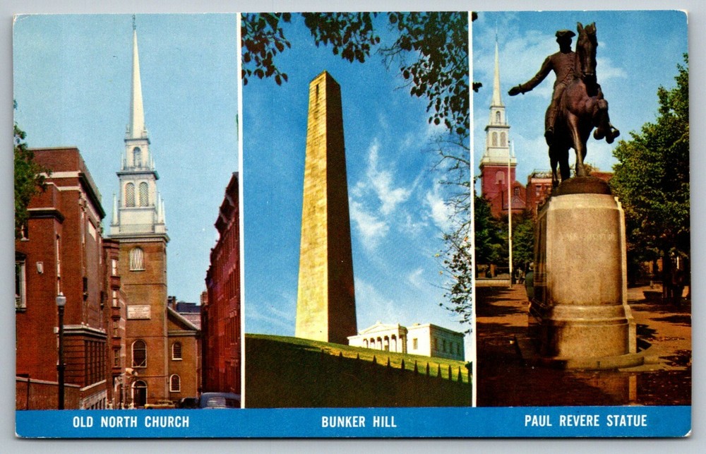 Old North Church Bunker Hill Paul Revere Statue Boston Massachusetts Postcard